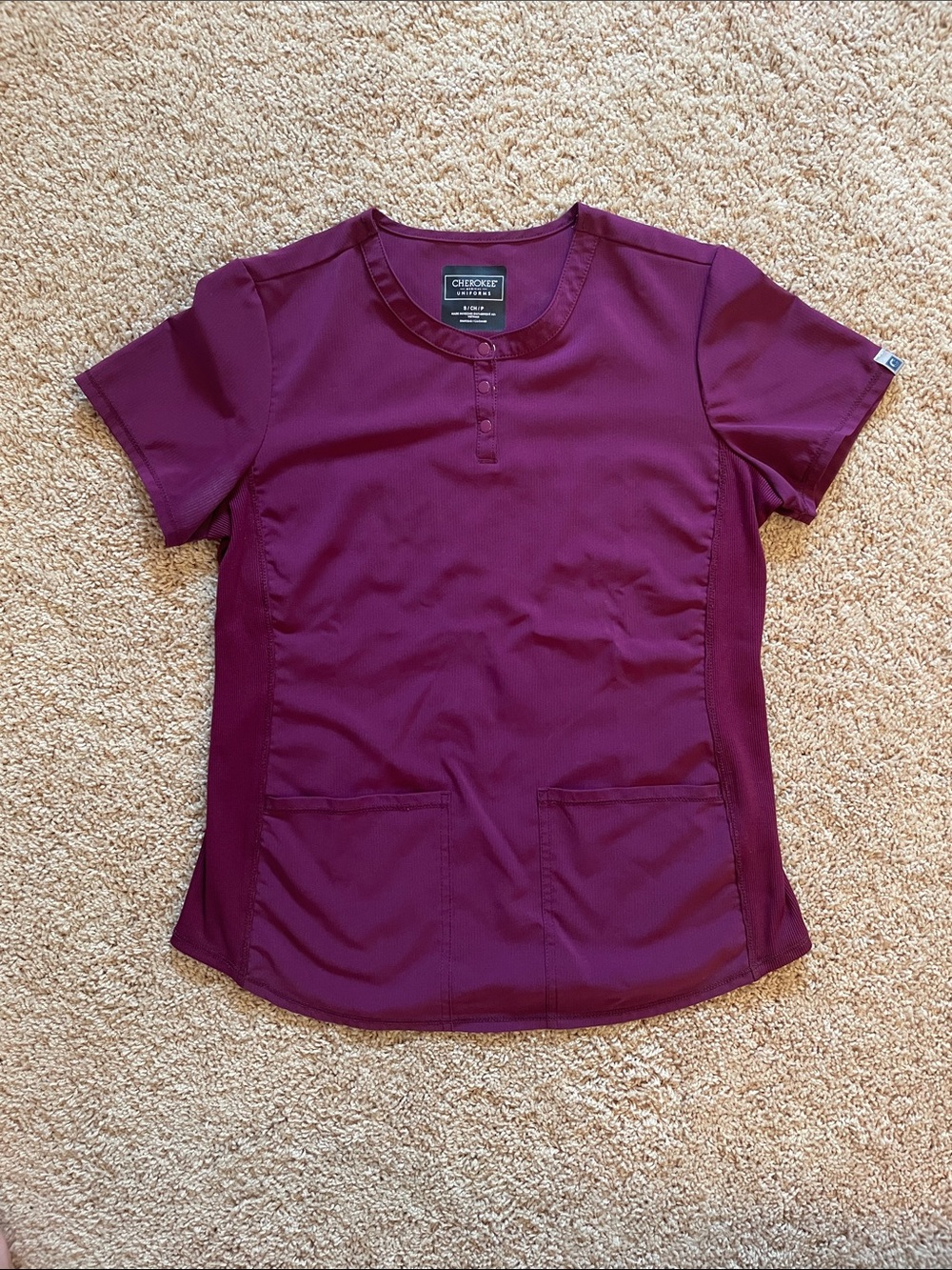 Cherokee Short Sleeve Henley Scrub Top in Burgundy - Small